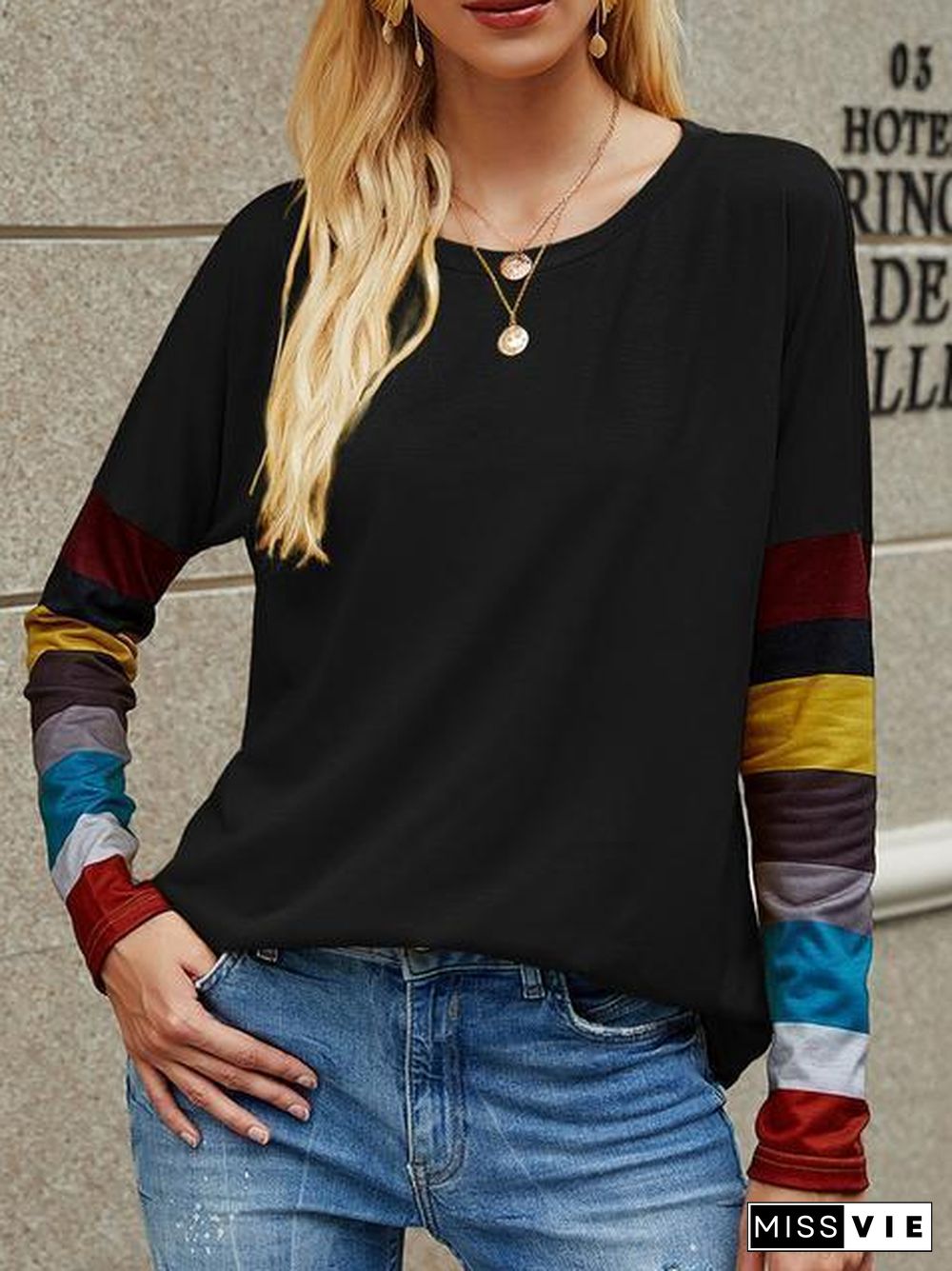 Casual Round Neck Striped Long Sleeve T-Shirt