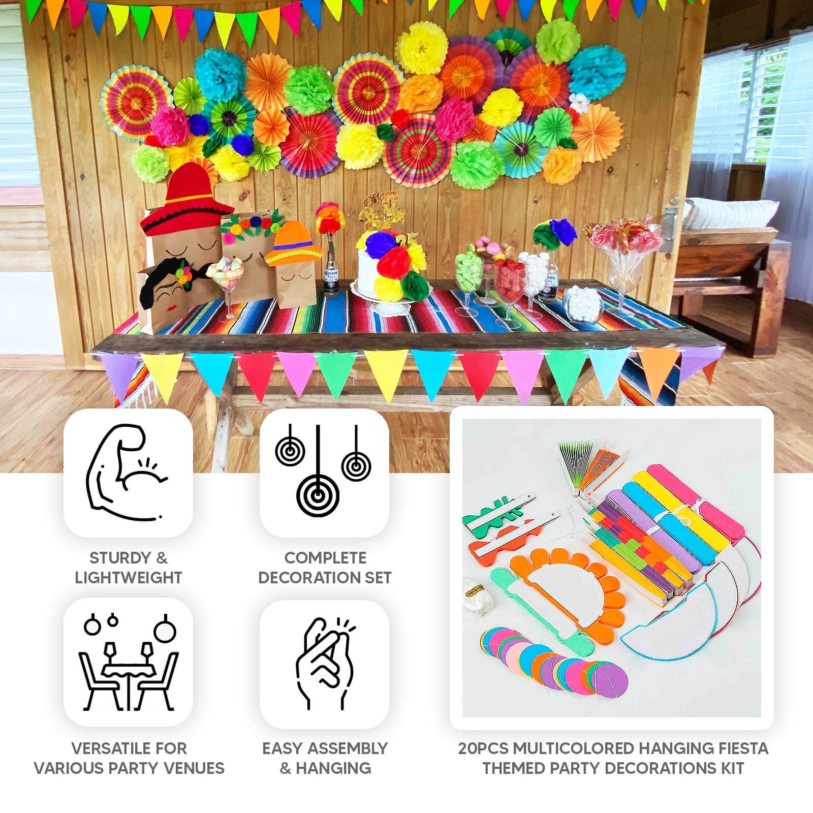 20Pcs Multicolored Hanging Fiesta Themed Party Decorations Kit, Paper Fans, Pom Pom Flowers, Polka Dot and Bunting Flag Garlands Included