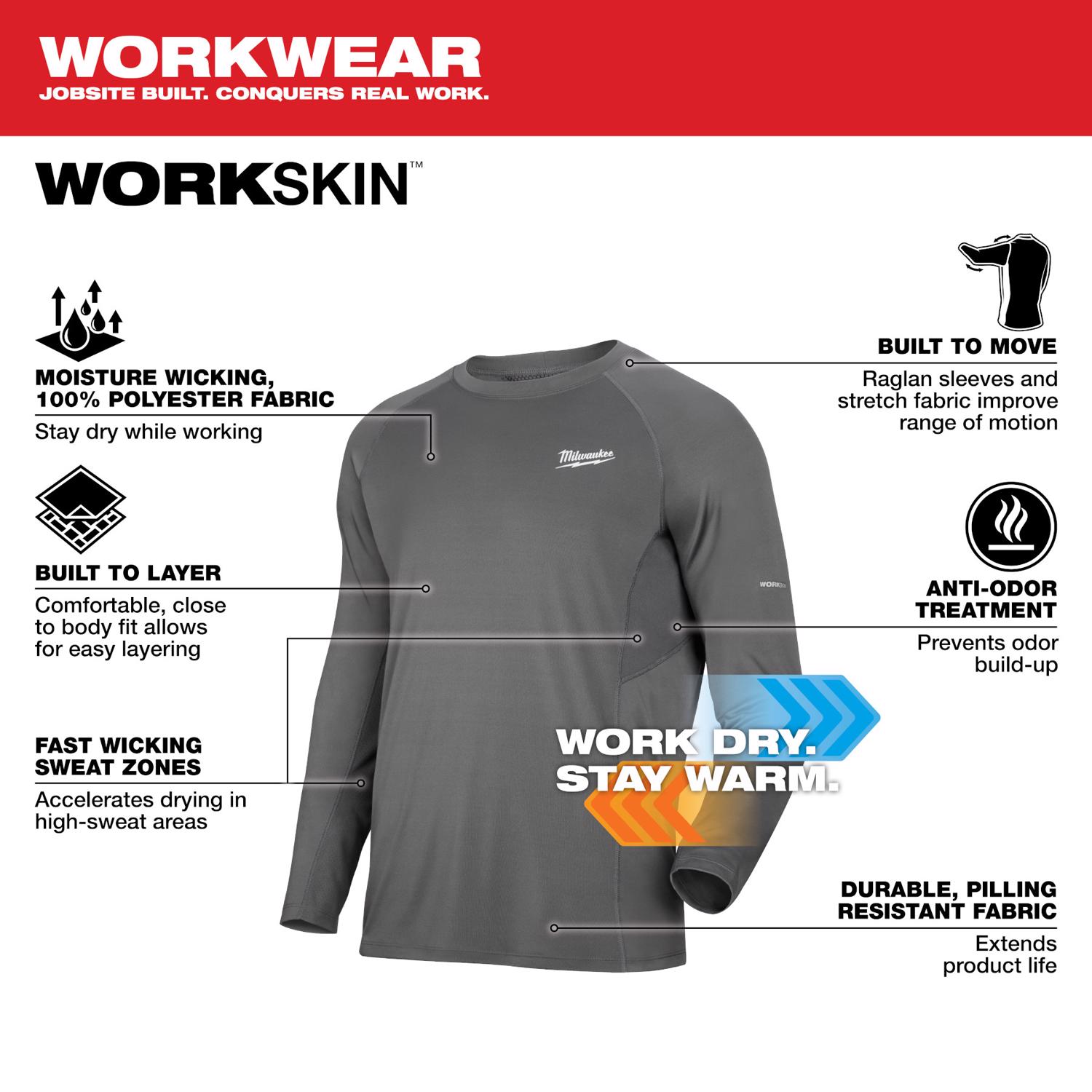 MW Workskin XL Long Sleeve Men\u0027s Crew Neck Gray Midweight Base Layer Tee Shirt