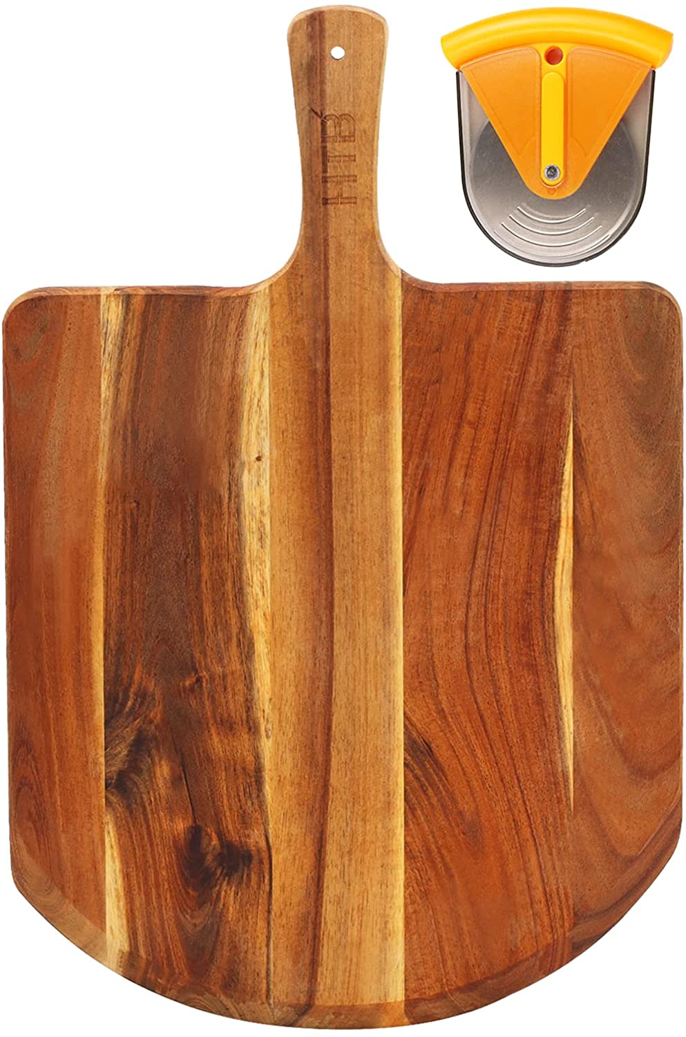 Acacia Wood Pizza Board With Cutter， 19 x 12 Inch Paddle Board Great for Homemade Pizza， Cheese and Charcuterie