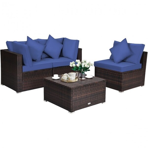 4 Pcs Ottoman Garden Deck Patio Rattan Wicker Furniture Set Cushioned Sofa - 29