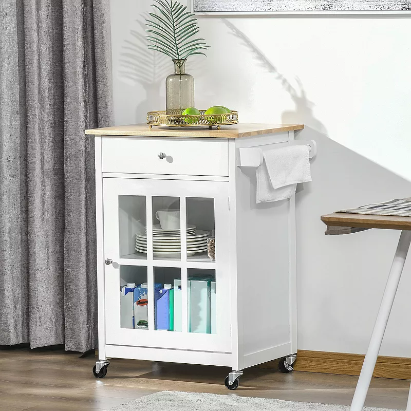 HOMCOM 27 Rolling Kitchen Island Cart with Drawer and Glass Door Cabinet Kitchen Trolley with Adjustable Shelf and Towel Rack White