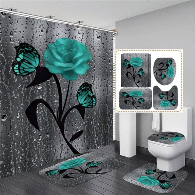 5 Colors Rose Print 3D Waterproof Polyester Shower Curtain or Anti-slip Bath Mat Set