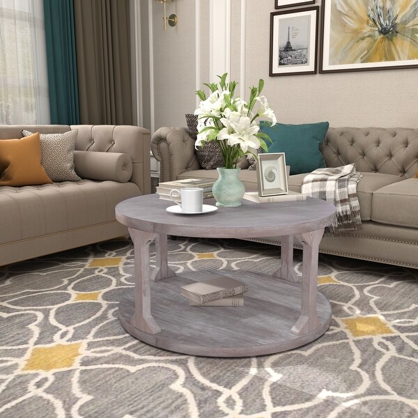 Round Rustic Coffee Table Solid Wood+MDF Coffee Table for Living Room with Dusty Wax Coating