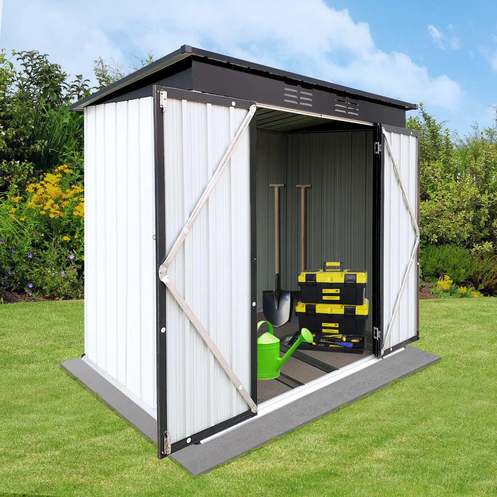 Garden Supplies White Black Outdoor Plastic Storage Shed and Sheds Storage Outdoor for Lawn Backyard