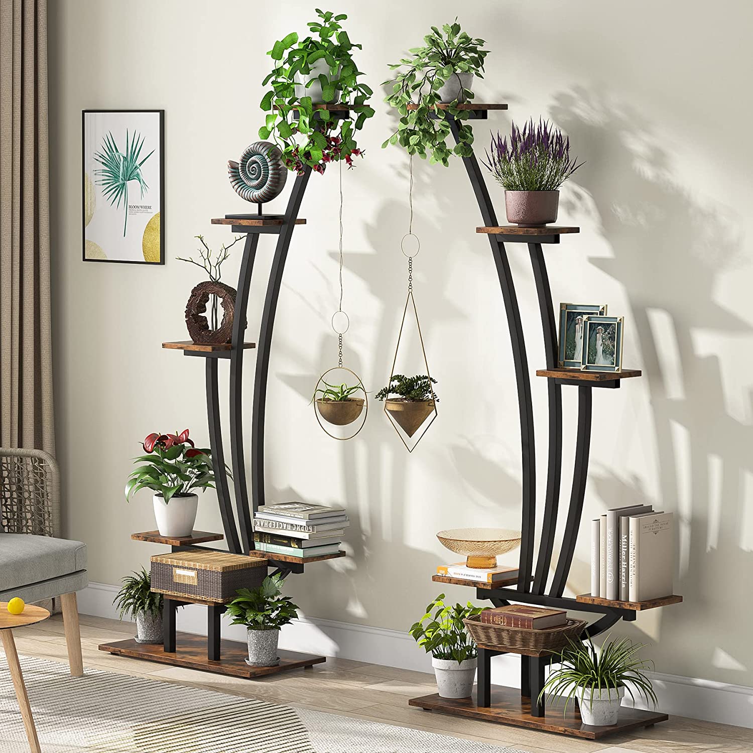 Tribesigns 6-Tier Tall Indoor Plant Stand Pack of 2, Metal Curved Display Shelf with 2 Hanging Hooks, Multi-Purpose Bonsai Flower Pots Plant Rack for Indoor, Garden, Balcony, Living Room, Brown