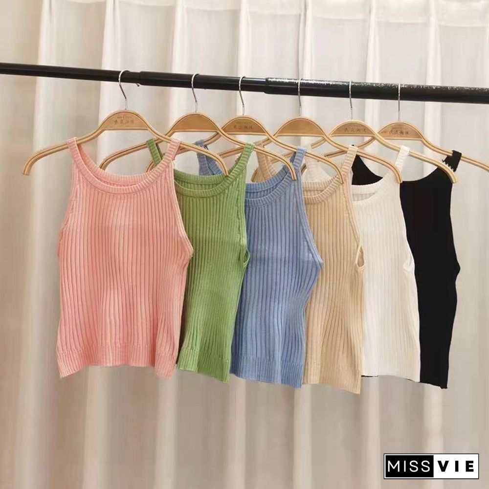 Women Plain Halter Tops Knitted Off Shoulder Y2K Tops Camis Sexy Crop Tops Women Tank Tops Summer