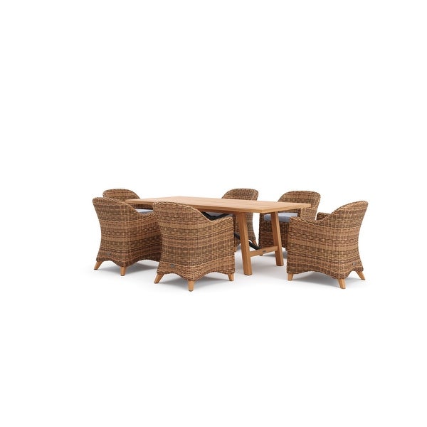 Winston Truss 7-Piece Natural Teak Fully Woven Vintage Earth Weave Captain's Chair and Teak Dining Table Dining Set -  - 32282834