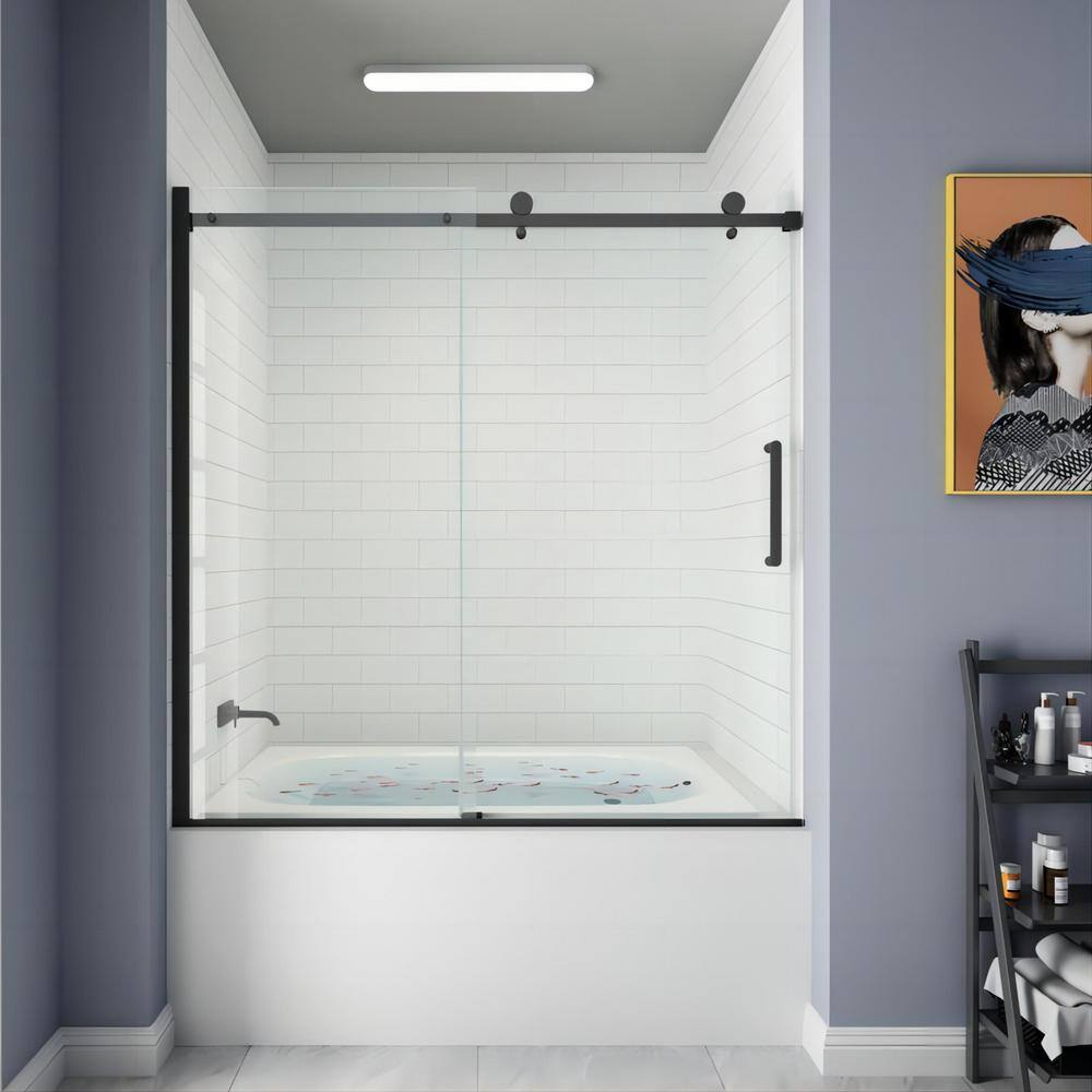 HOROW 55 in. - 59 in. W x 60 in. H Contemporary Single Sliding Frameless Bathtub Door in Matte Black with Clear Glass HR-TE5960MB