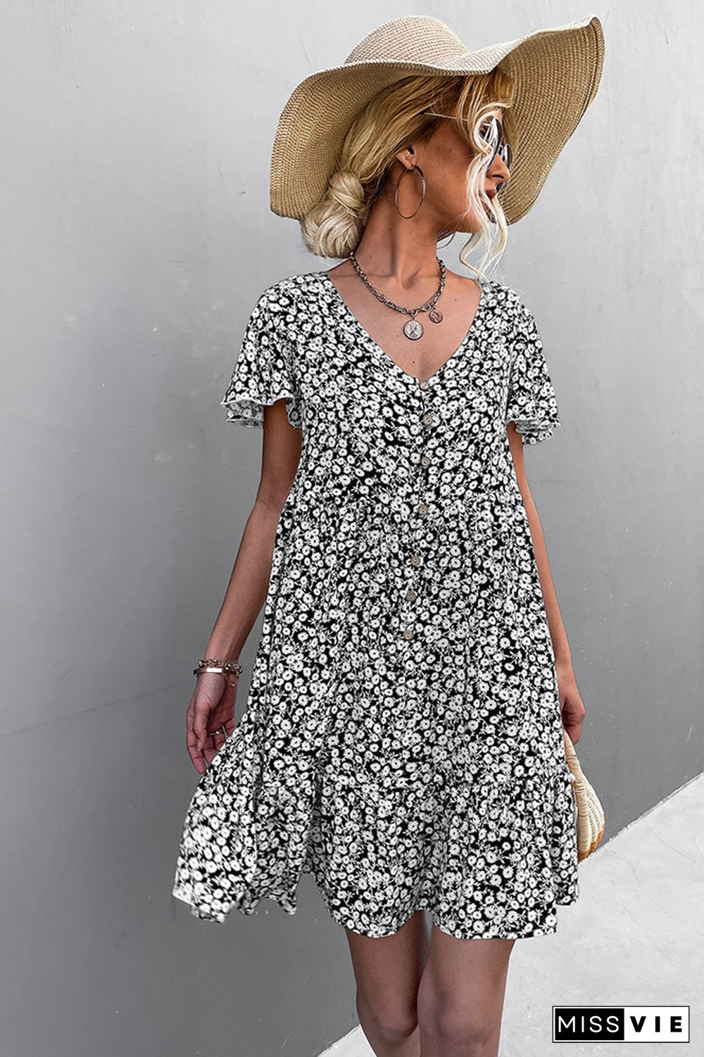 Ruffle Sleeves V Neck Floral Dress Wholesale