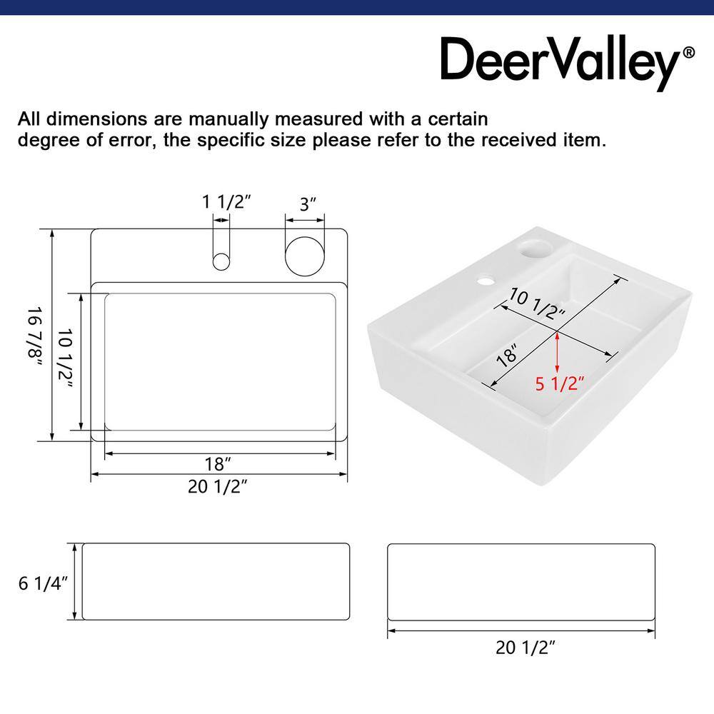 DEERVALLEY Apex White Ceramic Rectangular Vessel Bathroom Sink not Included Faucet with Pop-up Drain DV-1V0046