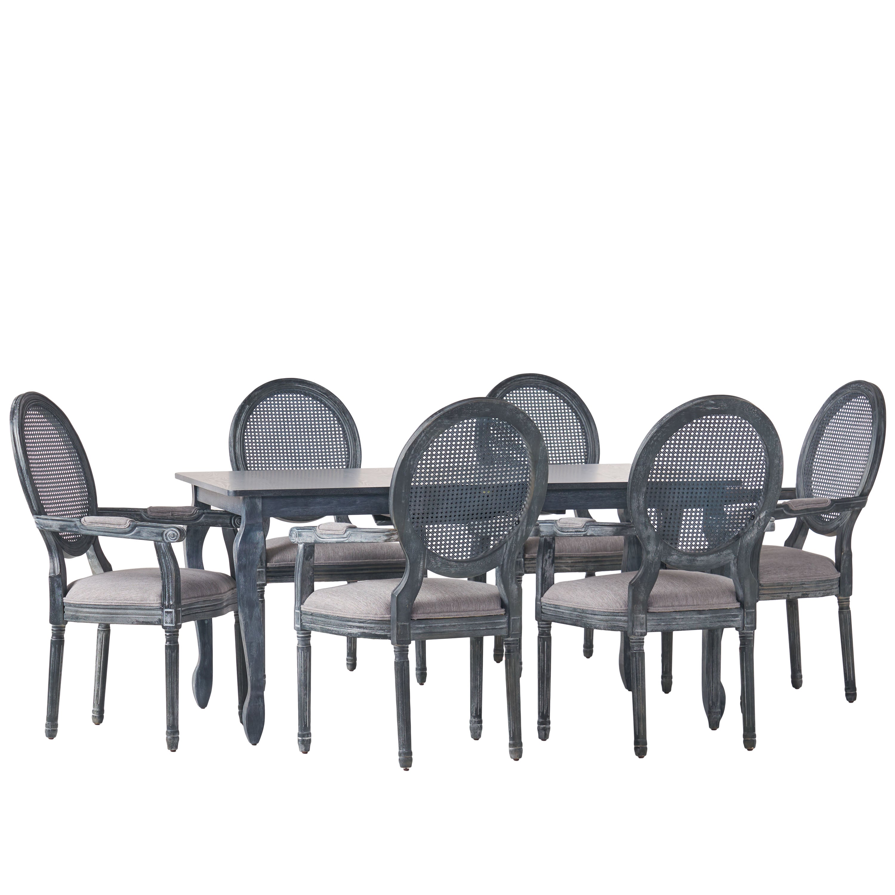 Comisky French Country Fabric Upholstered Wood and Cane Expandable 7 Piece Dining Set