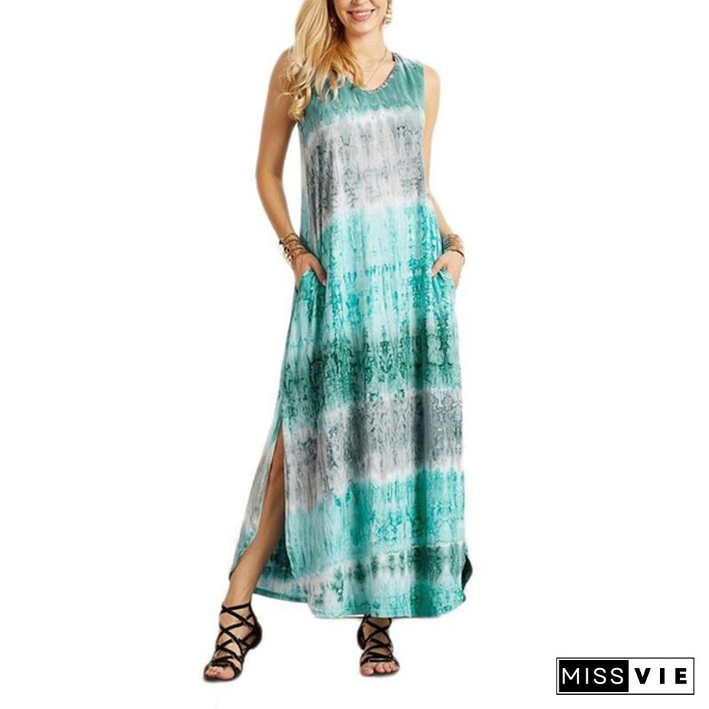 Womens Boho Sleeveless Maxi Dress Summer Casual Loose Tie dye printing Long Sundress Plus Size