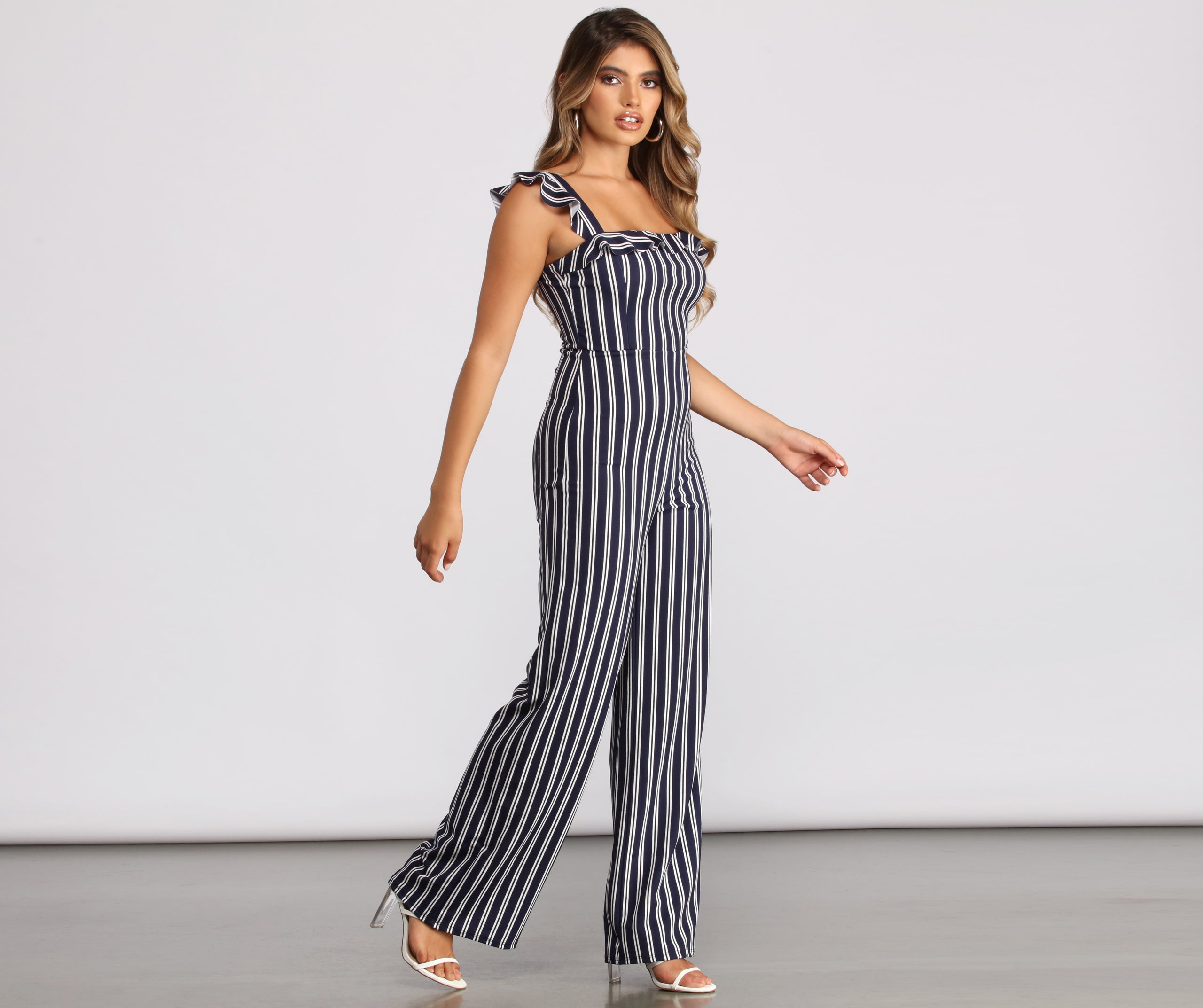 Sleeveless Ruffled Striped Jumpsuit