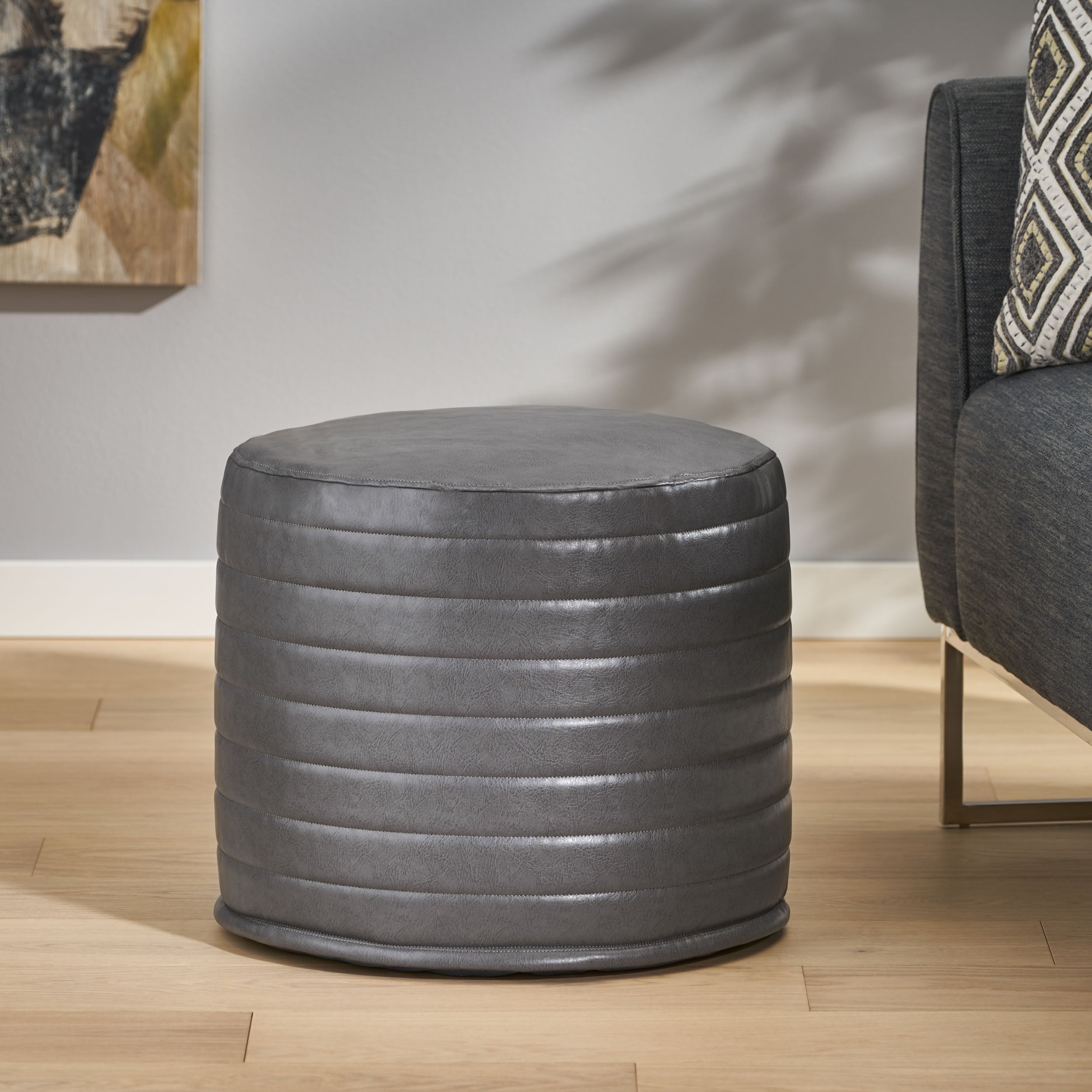 Conrail Contemporary Faux Leather Channel Stitch Pouf