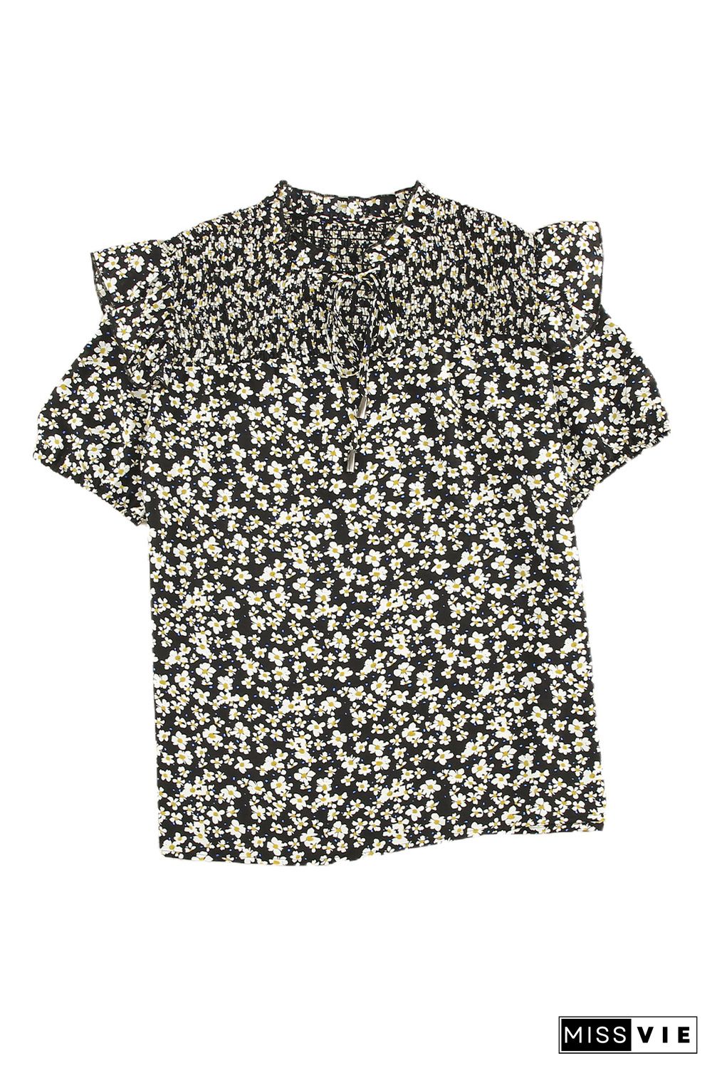 Black Floral Print Smocked Ruffled V Neck T-shirt