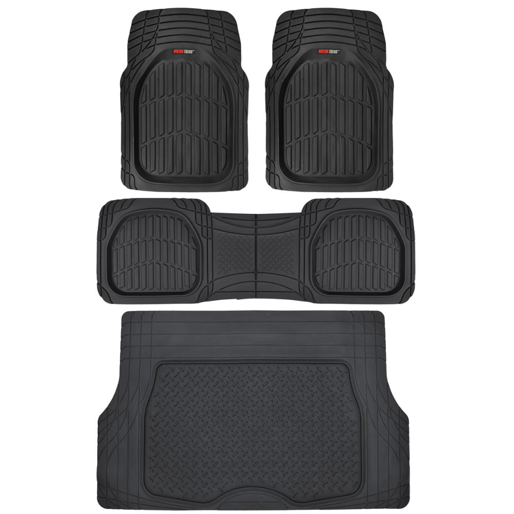 Motor Trend Original FlexTough Black Rubber Car Floor Mats with Trunk Cargo Liner - All Weather Automotive Floor Mats， Heavy Duty Trim to Fit Design， Floor Liners for Cars Truck Van SUV