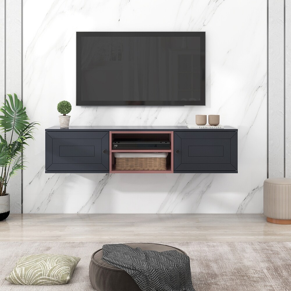 Wall Mounted Floating TV Stand with Large Storage Space and 3 Shelves