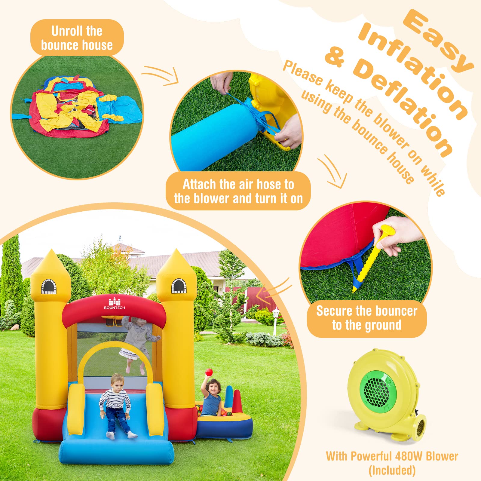 BOUNTECH Inflatable Bounce House, Bouncy House for Toddler Kids 5-12 Backyard Party Fun w/480W Blower, Basketball Hoop