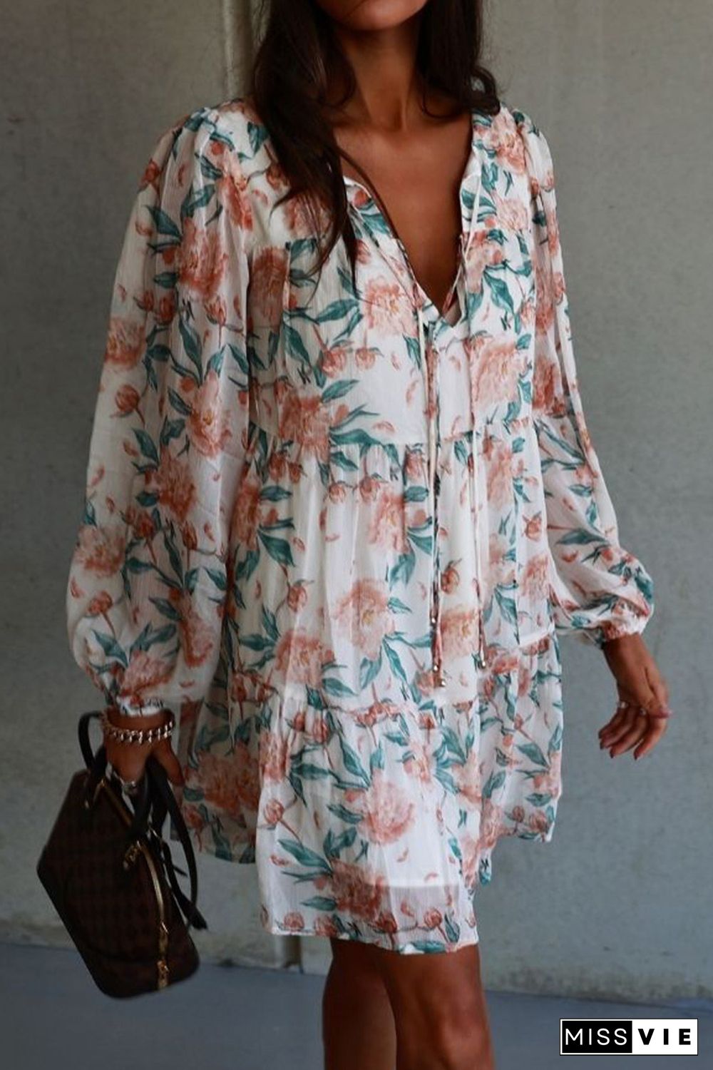 White Loose Bubble Sleeves Floral Print Dress