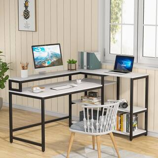 BYBLIGHT 55 in. L-shaped White Faux Marble Reversible Computer Desk with Shelves and Monitor Stand BB-JW0133GX