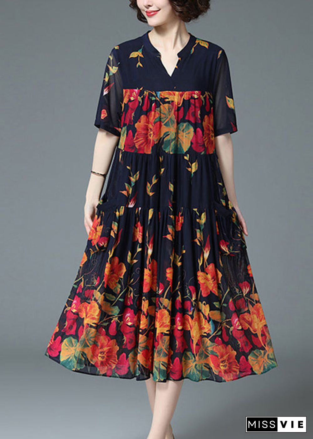 Loose Blue V Neck Wrinkled Floral Print Pockets Chiffon Long Dress Short Sleeve