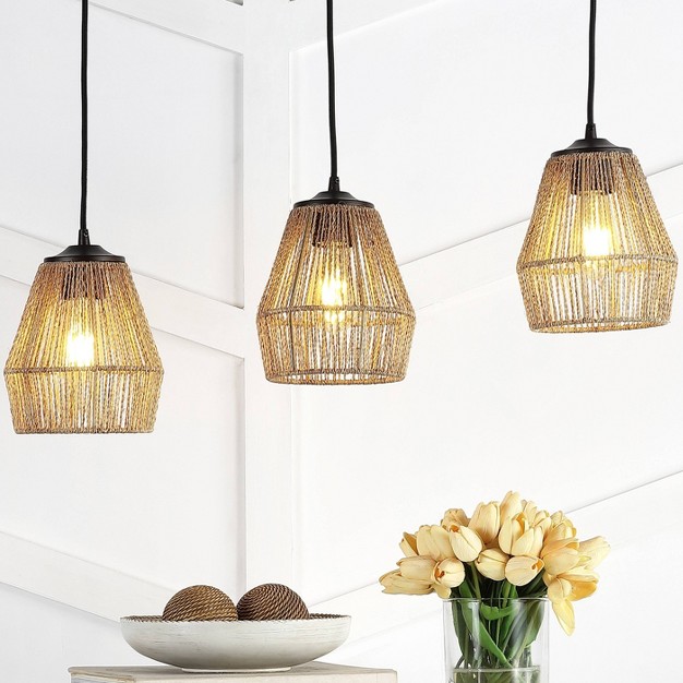 3 light Ibiza Island Woven Rope metal Bohemian Coastal Linear Pendant includes Led Light Bulb Jonathan Y