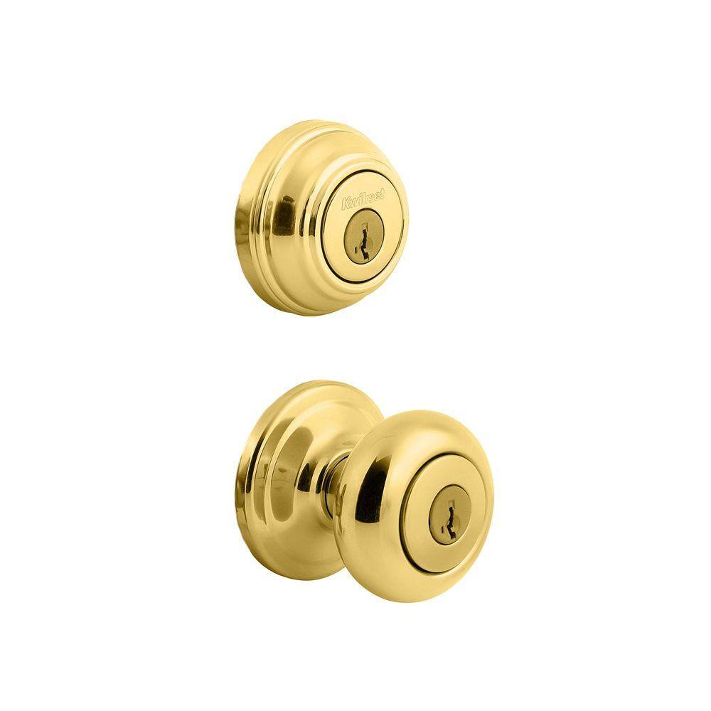 Kwikset Juno Polished Brass Exterior Entry Door Knob and Single Cylinder Deadbolt Combo Pack Featuring SmartKey Security 991J 3 SMT CP