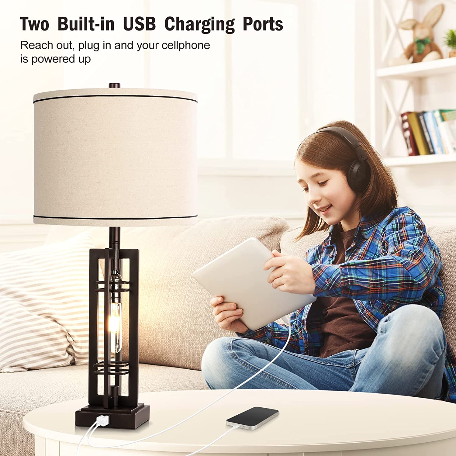 ROTTOGOON 27.5'' Tall Oil Rubbed Bronze Table Lamps Set of 2 with USB Ports for Living Room Bedroom Home Office