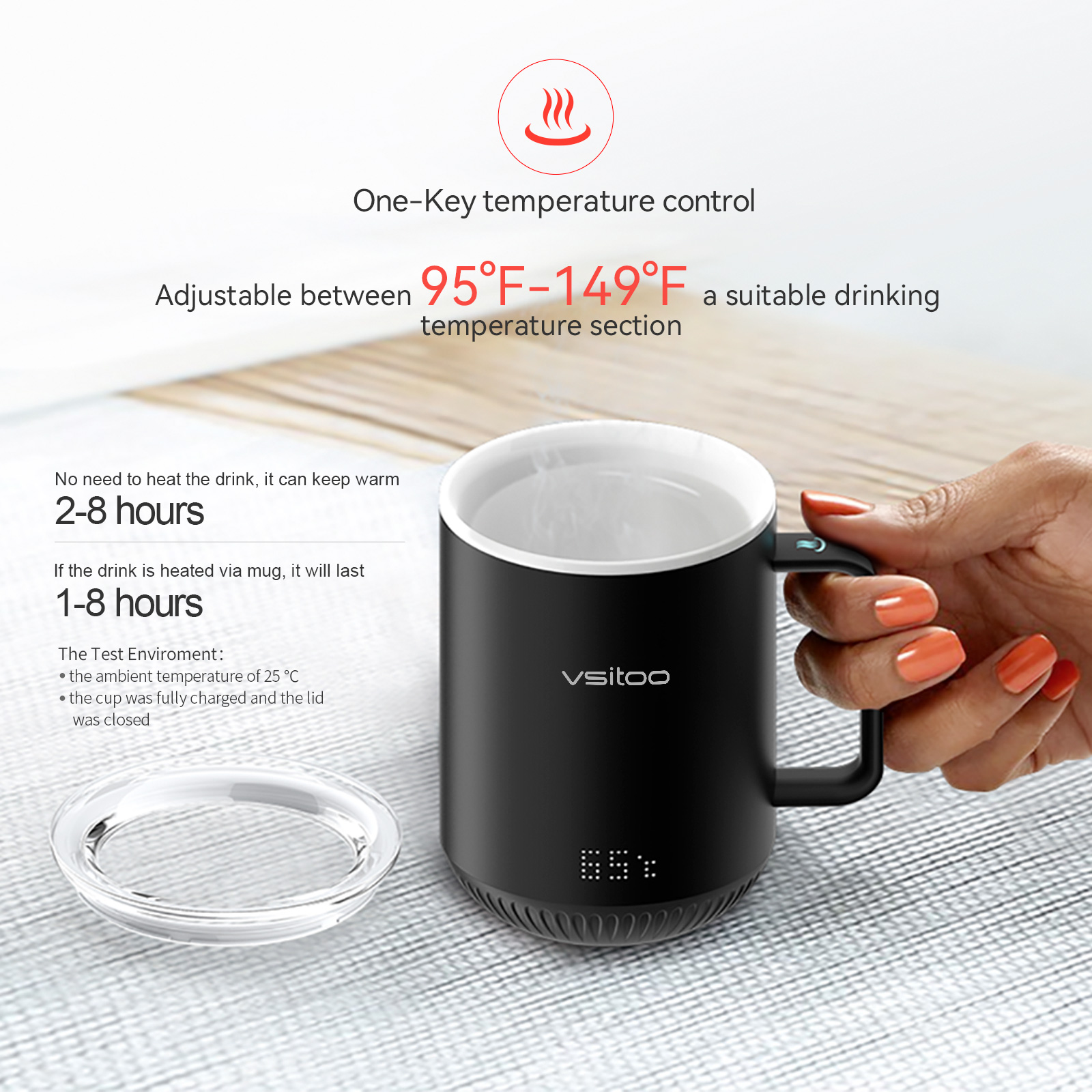 vsitoo S3 Temperature Control Smart Mug 2 with Lid， Self Heating Coffee Mug 10 oz， LED Display， 90 Min Battery Life - AppandManual Controlled Heated Coffee Mug - Improved Design - Perfect Coffee Gifts