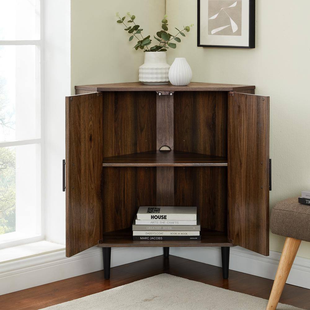 Welwick Designs Dark Walnut Wood Modern 2-Door Corner Accent Cabinet HD9098