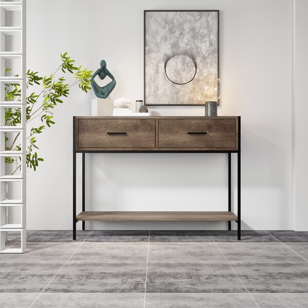 Classic Console Table with Two Top Drawers and Open Shelf， Vintage Storage with Sturdy Metal Frame.