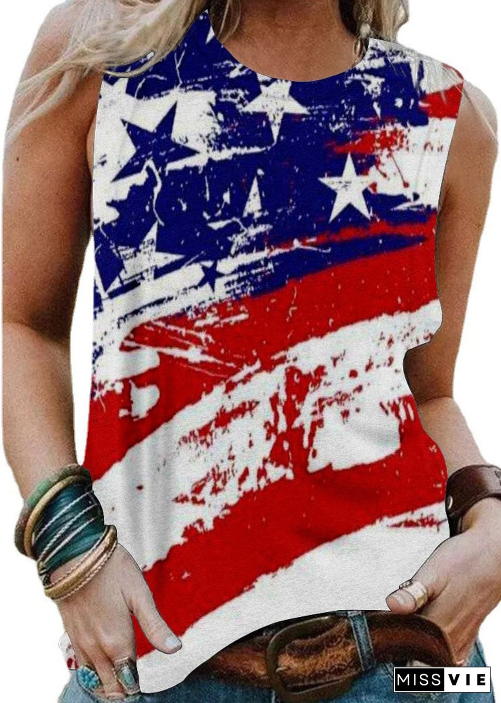 Bohemian Red O-Neck Flag Print Cotton Tank Top Sleeveless