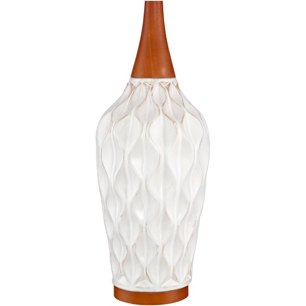 Tall White Geometric Ceramic Wood Tan Fabric Drum Shade For Bedroom Living Room Bedside Office