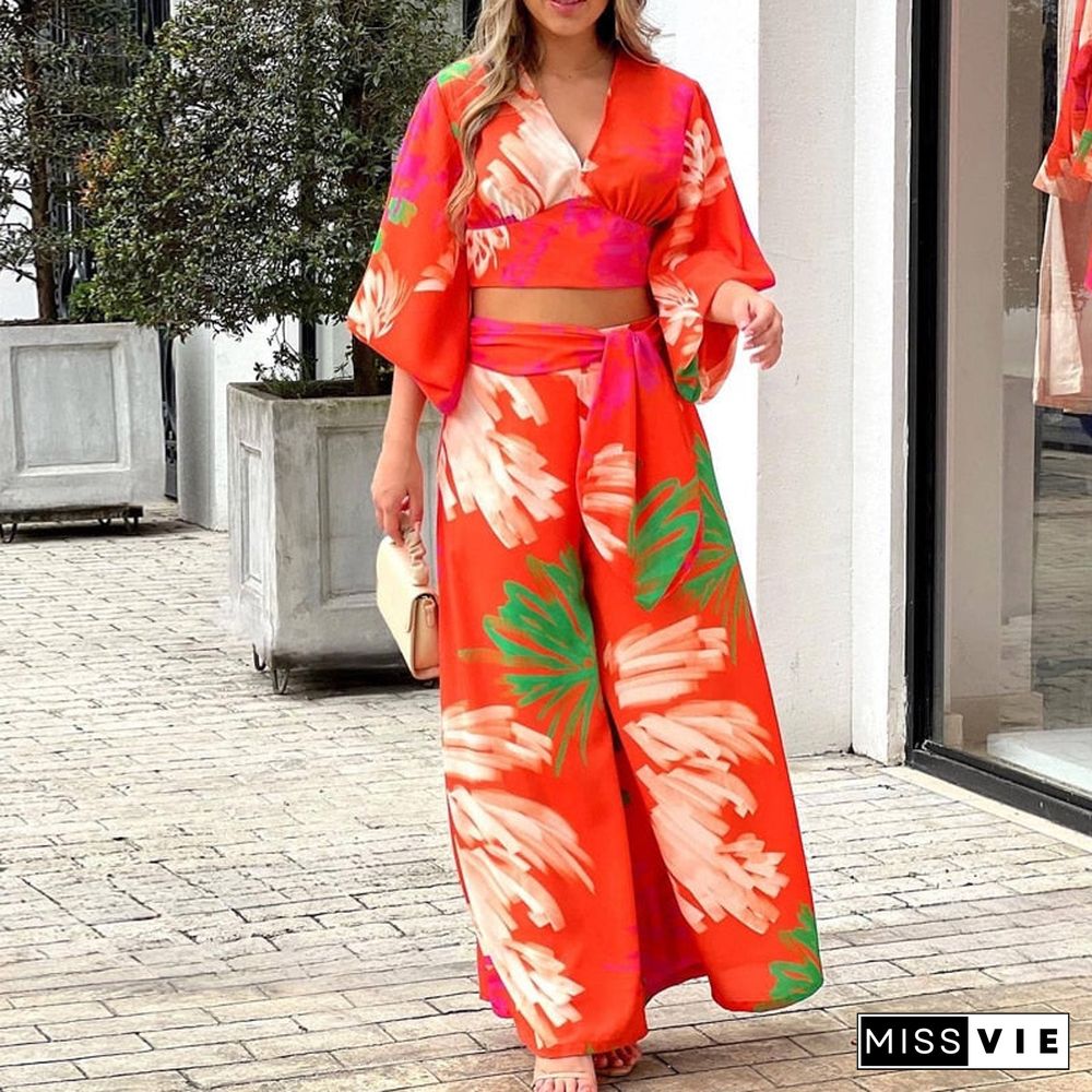 Sexy V-Neck Lantern Sleeve Crop Tops Shirt + High Waist Tie-Up Wide Leg Pants Print Suits Casual High Street Women Two Piece Set