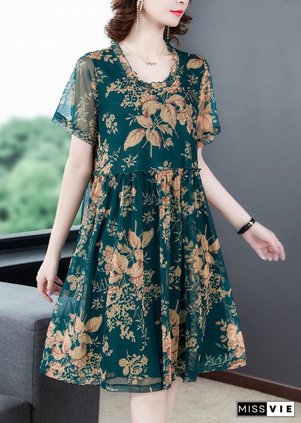 Italian Green O-Neck Print Holiday Long Dress Summer