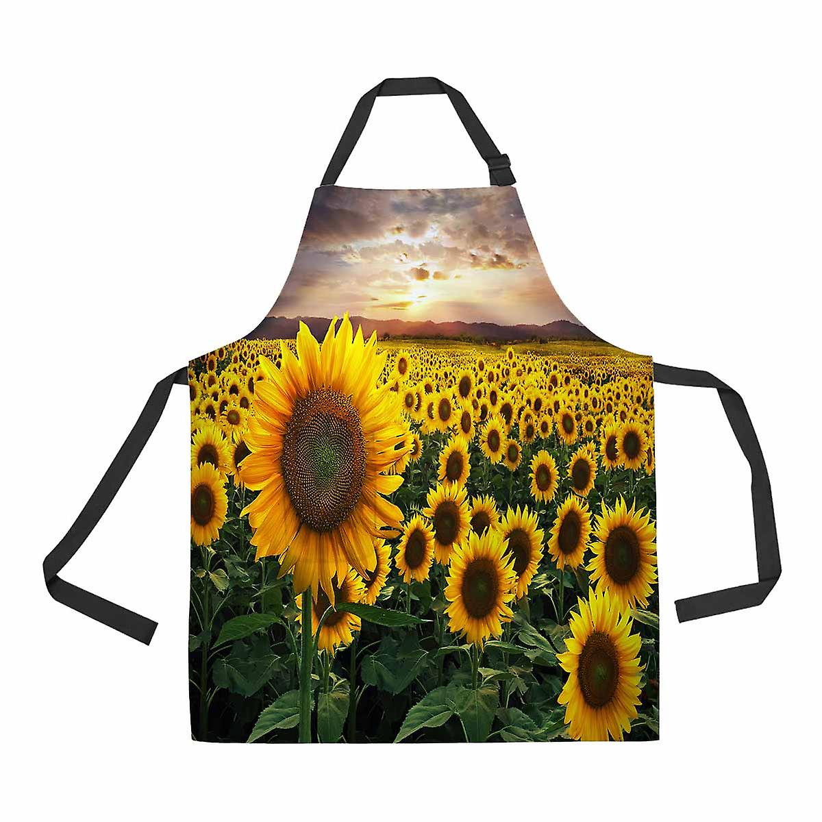 Huge Field Sunflowers During Sunset Unisex Adjustable Bib Apron With Pockets For Commercial Restaurant And Home Kitchen Use