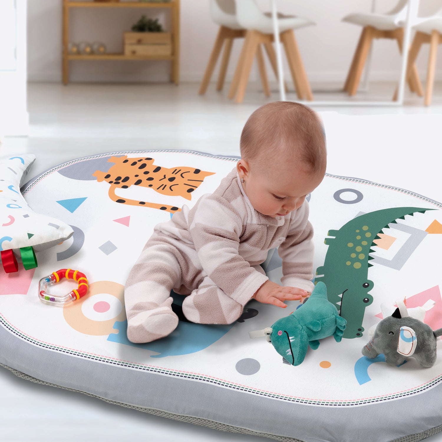 Lupantte 7-in-1 Baby Activity Gym， Baby Learning Toys Gym Mat with 6 Toys 2 Replaceable Washable Mat Covers，for Newborn