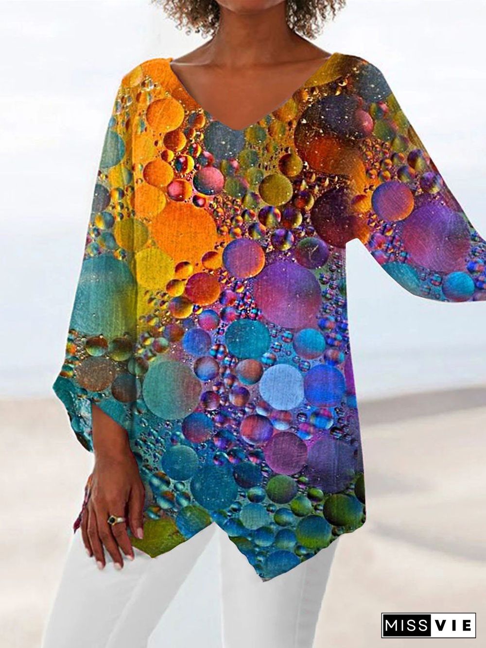 Women Asymmetrical 3/4 Sleeve V-neck Printed Graphic Top Dress