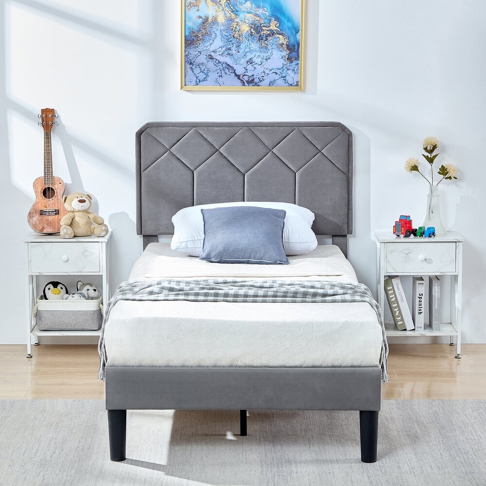 Upholstered Platform Bed Frame with Modern Adjustable Headboard  No Box Spring Needed