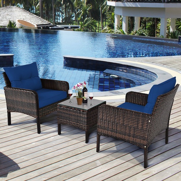 Costway 3pcs Outdoor Rattan Conversation Set Patio Garden Cushioned Sofa Chair