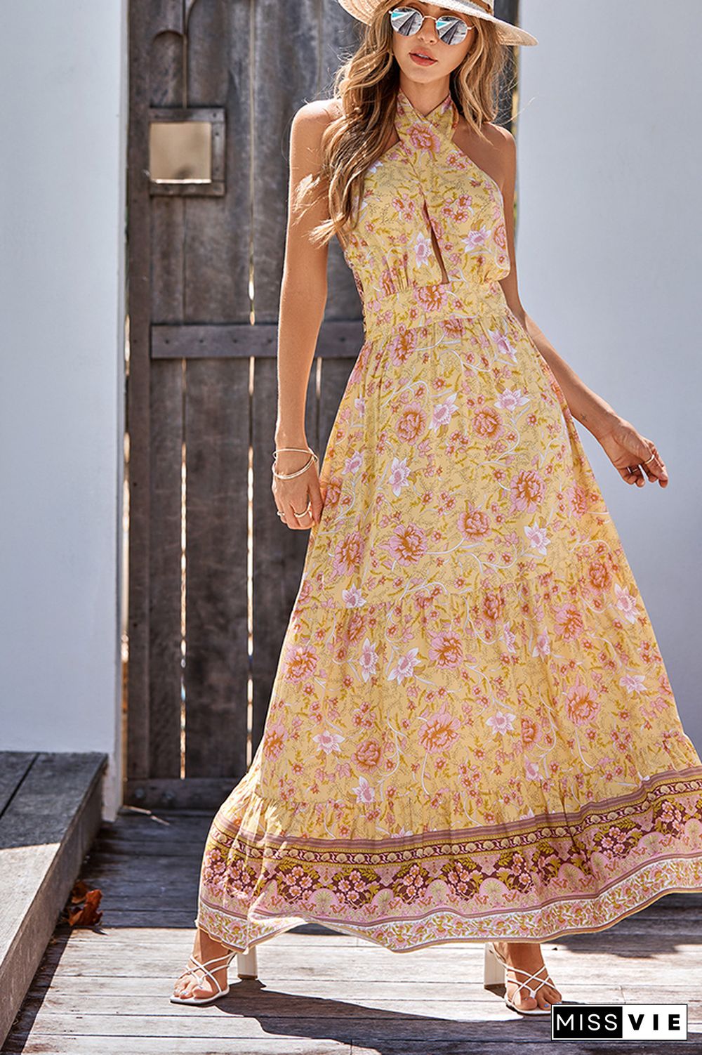 Halter Backless Bohemian Floral Maxi Dress