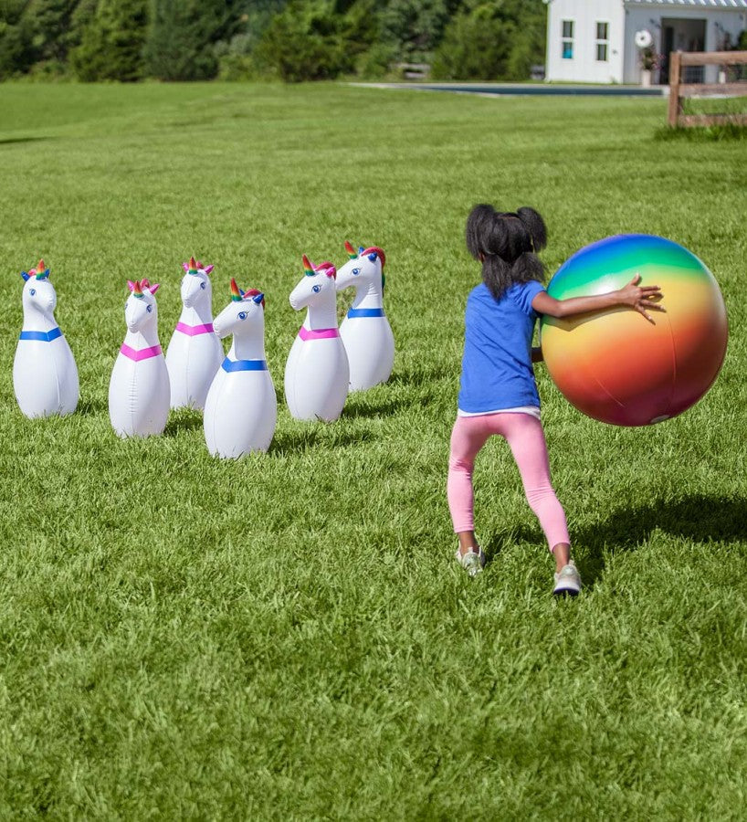HearthSong Giant Inflatable Unicorn Bowling Set for Kids, with 6 Unicorn Pins and 1 Large Multi-Colored Ball