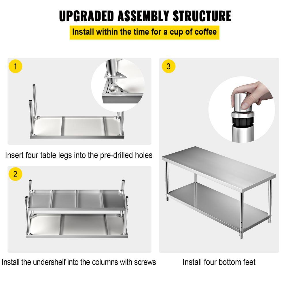 VEVOR Stainless Steel Prep Table 72 in. x 30 in. x 34 in. Heavy-Duty Metal Worktable 550 lbs. Load Capacity Kitchen Prep Table J72X30X34INCHUU20V0