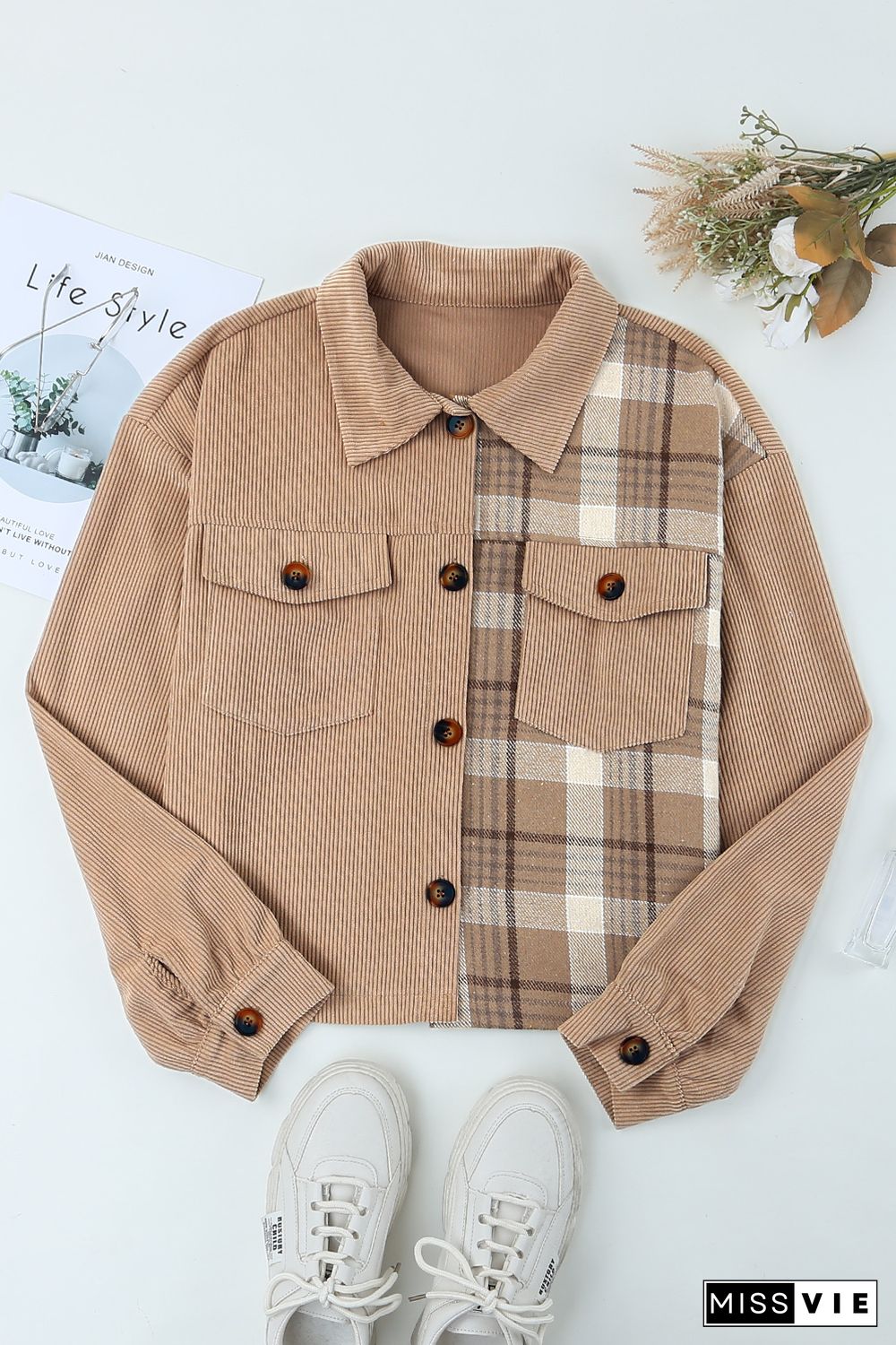 Khaki Plaid Patchwork Corduroy Cropped Jacket