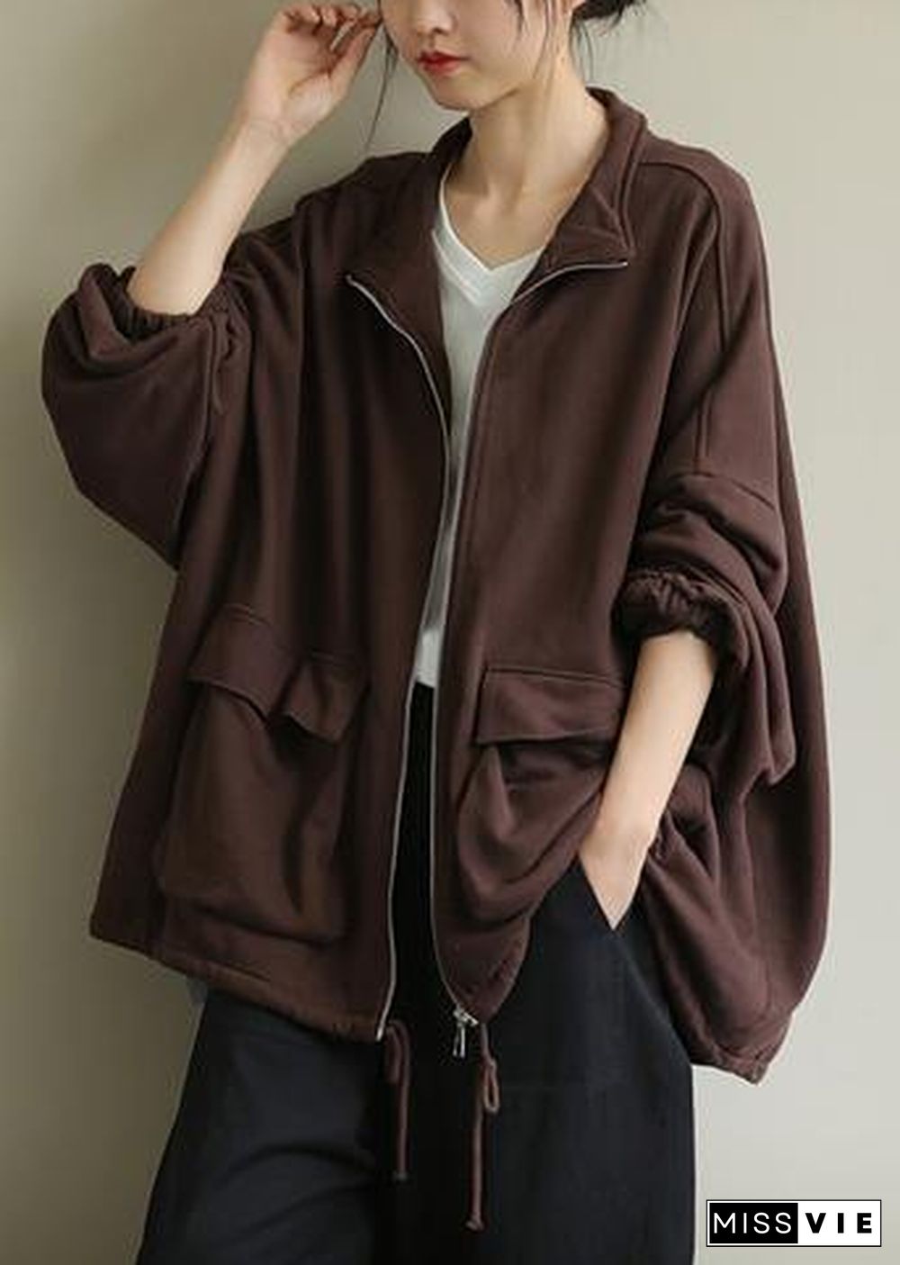 Elegant stand collar zippered Fine trench coat chocolate tunic coats