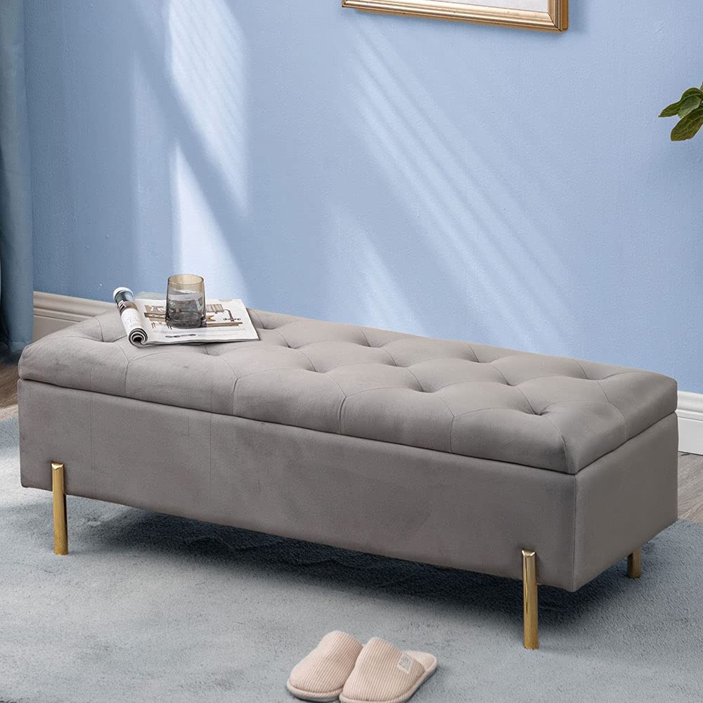 Andeworld Ottoman with Storage Bench, Modern Velvet Upholstered Rectangular Tufted Footstool Bench, Large Storage Bench for Bedroom,Living Room,Entryway (Grey)