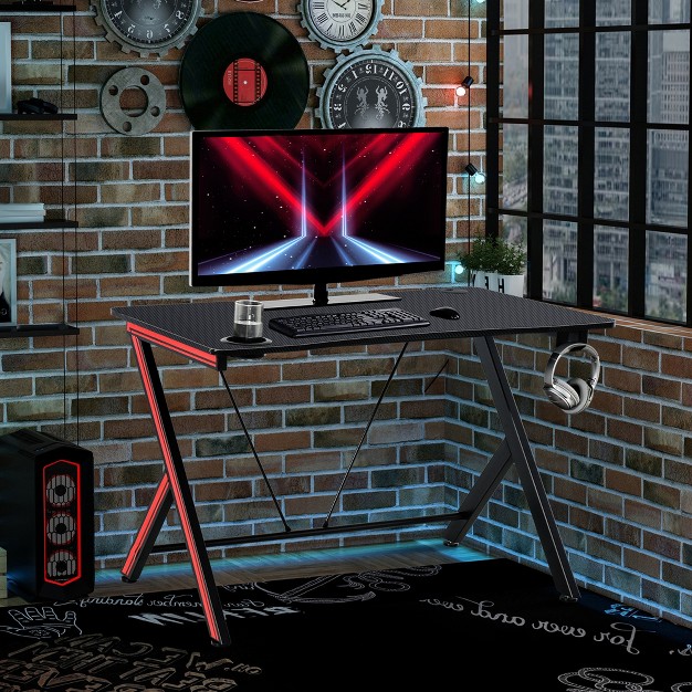 Homcom Gaming Computer Desk Home Office Gamer Table Workstation With Cup Holder Headphone Hook Cable Management Carbon Fiber Surface