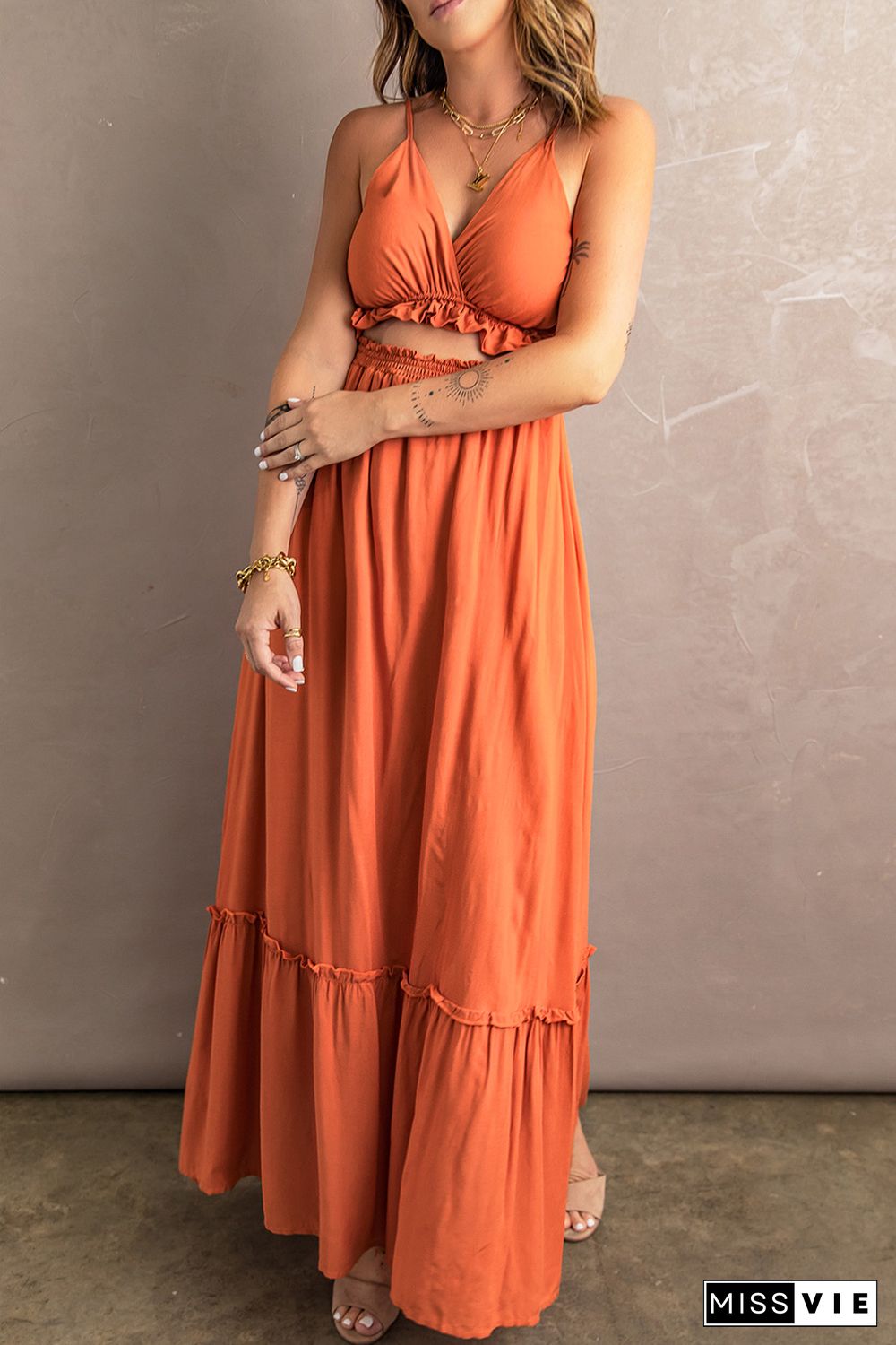 Orange Ruffled Cut-out Spaghetti Strap Sleeveless Long Dress