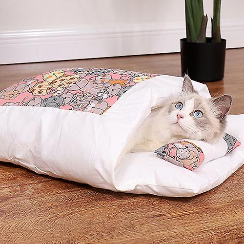 Cat Sleeping Bag Cat Winter Warm Pet Mat Kennel Sleeping Bag Mat Thickening Pet Nest Closed Removable Washable-m，pink and White